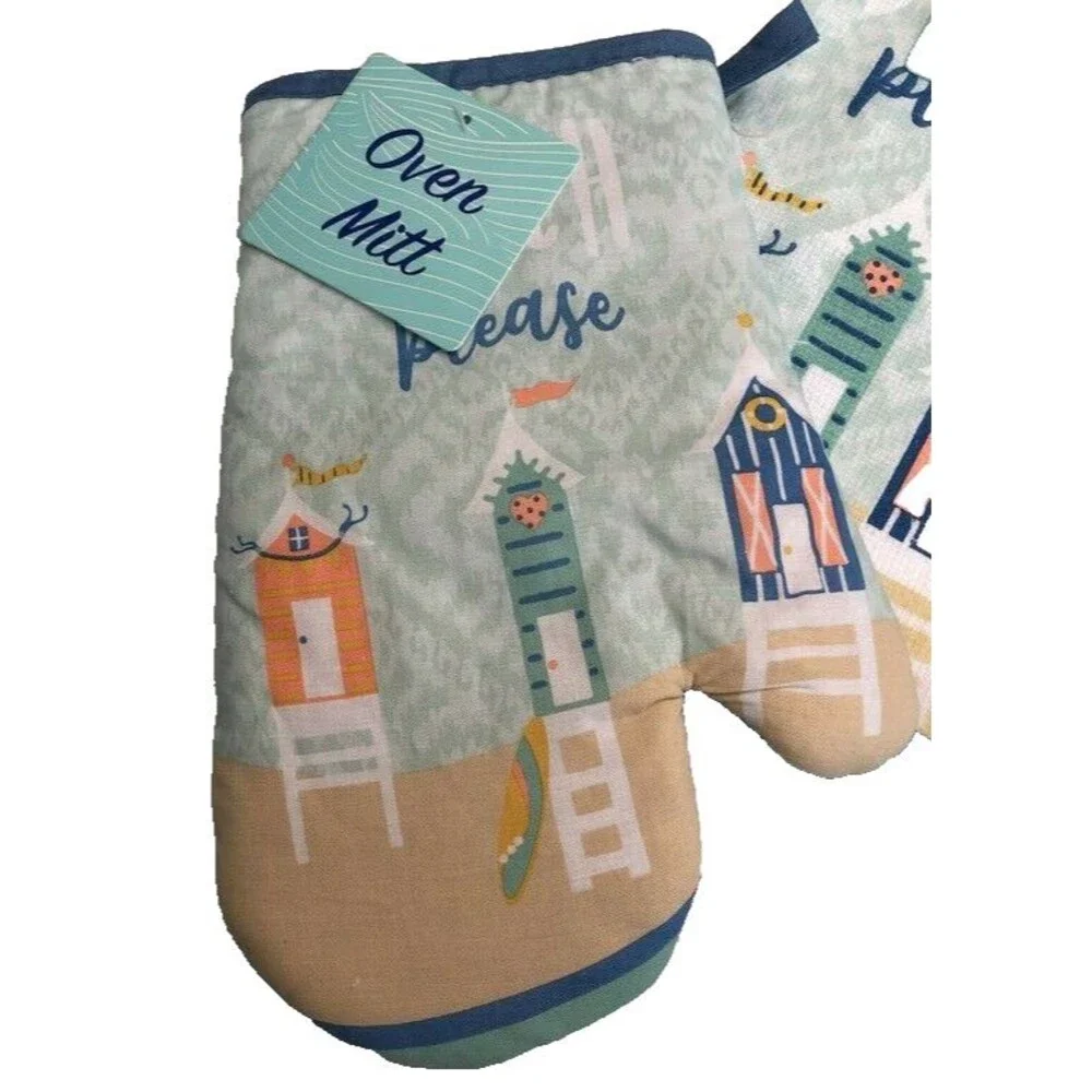 Beach Please Kitchen Towels Oven Mitt Potholder Set of 4 Cabana Summer Coastal